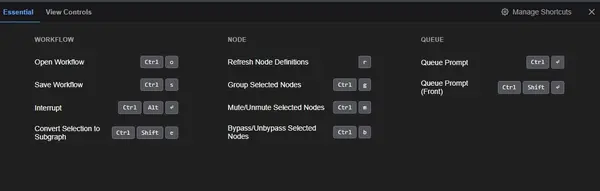 ComfyUI keyboard shortcuts panel showing all available hotkeys for navigation, workflow control, and node management