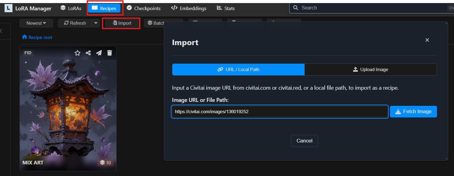 Recipe import screen showing detected LoRAs and the Download Missing LoRAs button