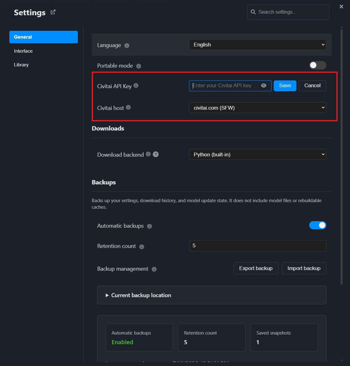 Civitai account settings page with the Add API Key button highlighted