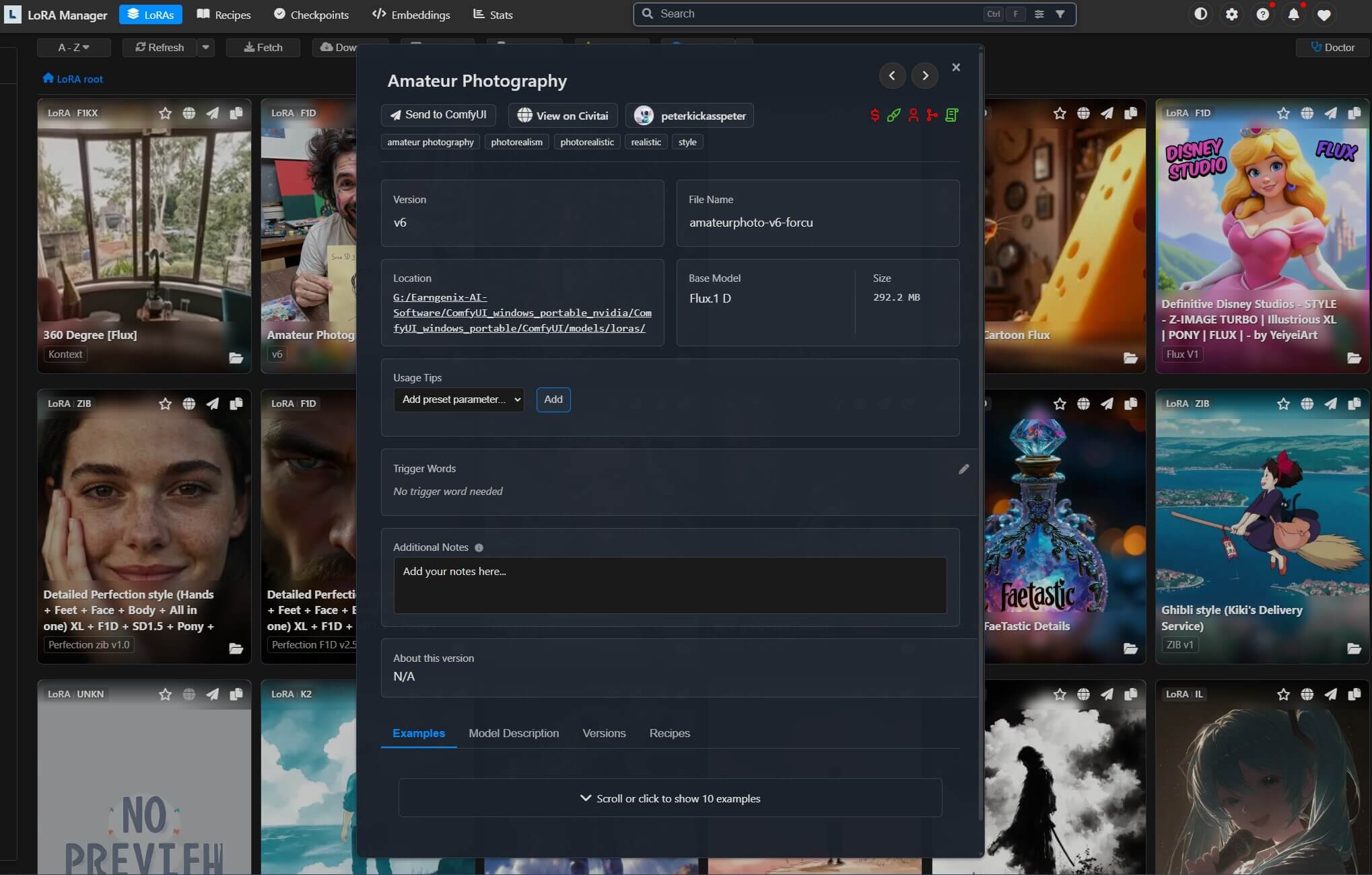 LoRA detail panel showing description, trigger words, and the personal notes field