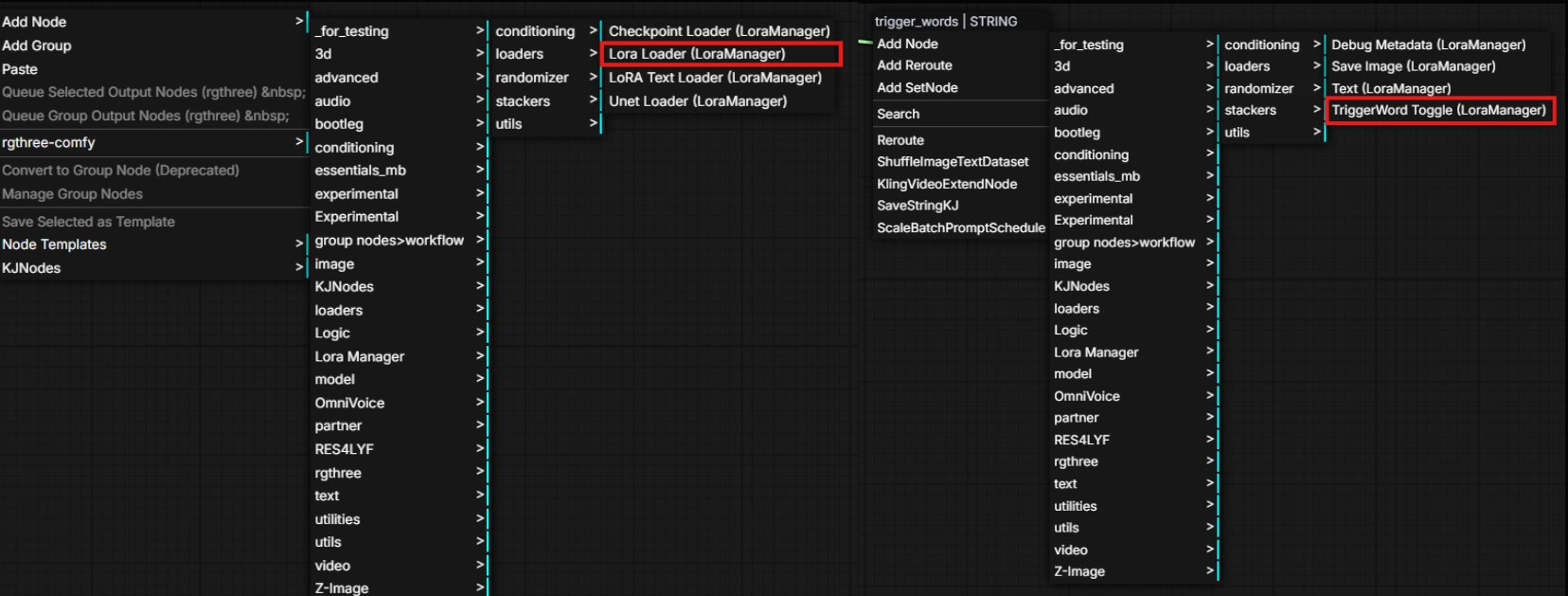 ComfyUI right-click Add Node menu showing the LoraManager submenu with Lora Loader option