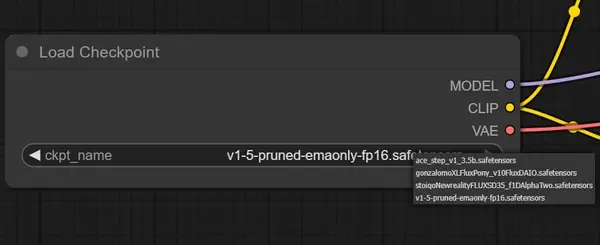 ComfyUI checkpoint loader dropdown showing AUTOMATIC1111 models now available after linking via extra_model_paths.yaml