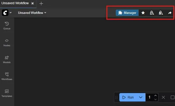 ComfyUI interface showing the Manager button appearing at the top after successful installation