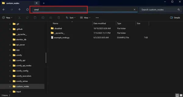 Windows Explorer address bar with cmd typed to open Command Prompt in the current folder