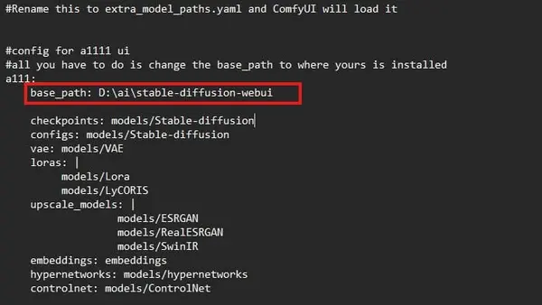 Text editor showing extra_model_paths.yaml with the base_path updated to point to the AUTOMATIC1111 installation directory