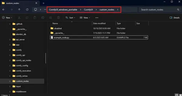 Windows Explorer showing the ComfyUI custom_nodes folder location