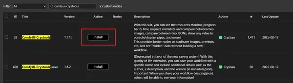 Install button highlighted next to ComfyUI-Crystools in the Custom Node Manager