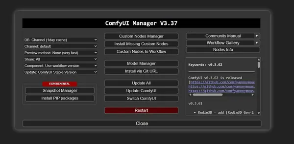 ComfyUI Manager interface showing the main menu with options for custom nodes and model management