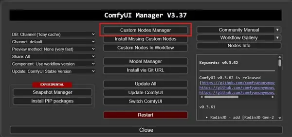ComfyUI Manager showing the Custom Node Manager option