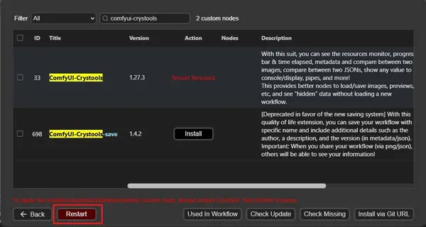 ComfyUI Manager showing the Restart button to apply newly installed extensions