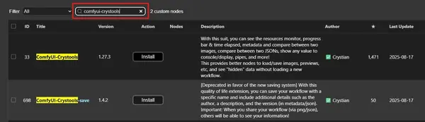 ComfyUI Manager Custom Node Manager search showing ComfyUI-Crystools in the results