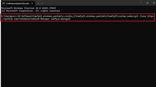 Command Prompt showing git clone command running and downloading ComfyUI Manager