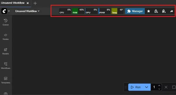 ComfyUI Crystools monitoring bar showing live CPU, RAM, GPU, and VRAM usage at the top of the interface