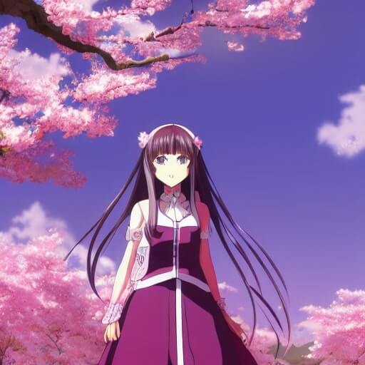 AI-generated anime-style character with silver hair in a cherry blossom field, created with ComfyUI