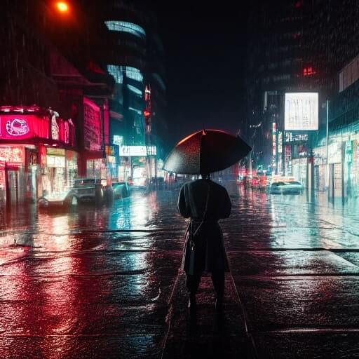 AI-generated cinematic image of a samurai in rain with neon reflections, created with ComfyUI