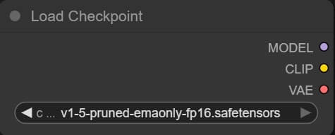 ComfyUI Load Checkpoint node with model dropdown showing v1-5-pruned-emaonly-fp16 selected