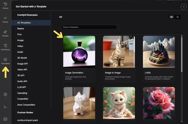 ComfyUI sidebar showing the Templates panel with Image Generation workflow selected
