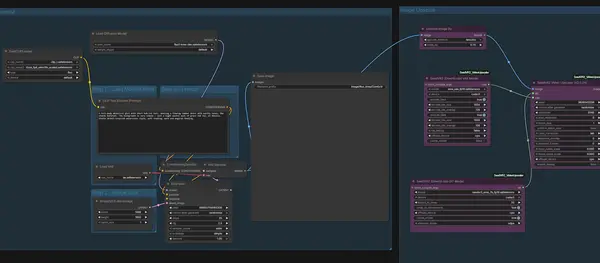 ComfyUI text-to-image combined with upscaling workflow — nodes connected from KSampler through to the upscale output