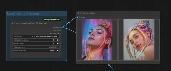 ComfyUI batch upscaling workflow showing folder input node for processing multiple images at once
