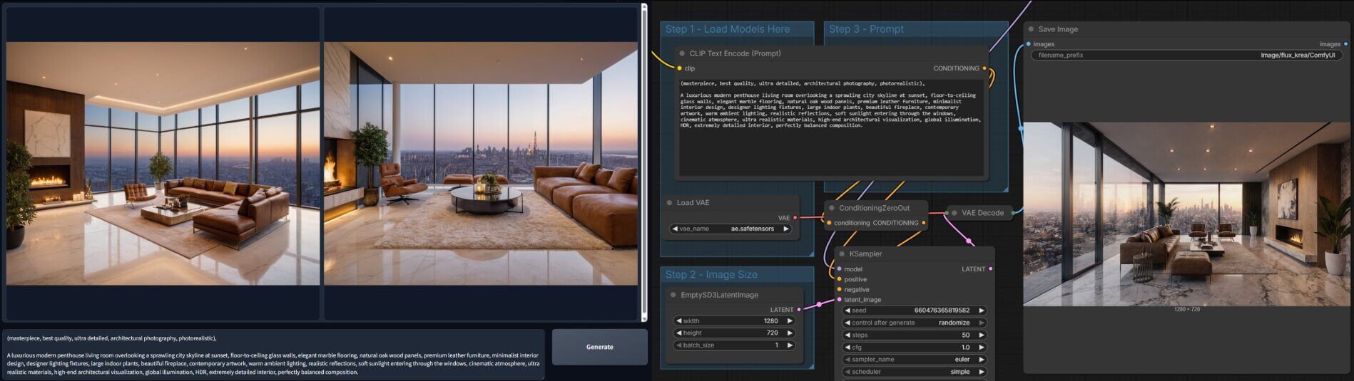 Fooocus interface and ComfyUI node canvas shown side by side, generating from the same prompt