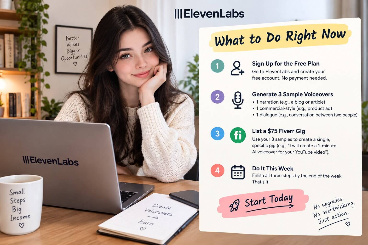 A simple checklist showing the first step to start making money with ElevenLabs this week