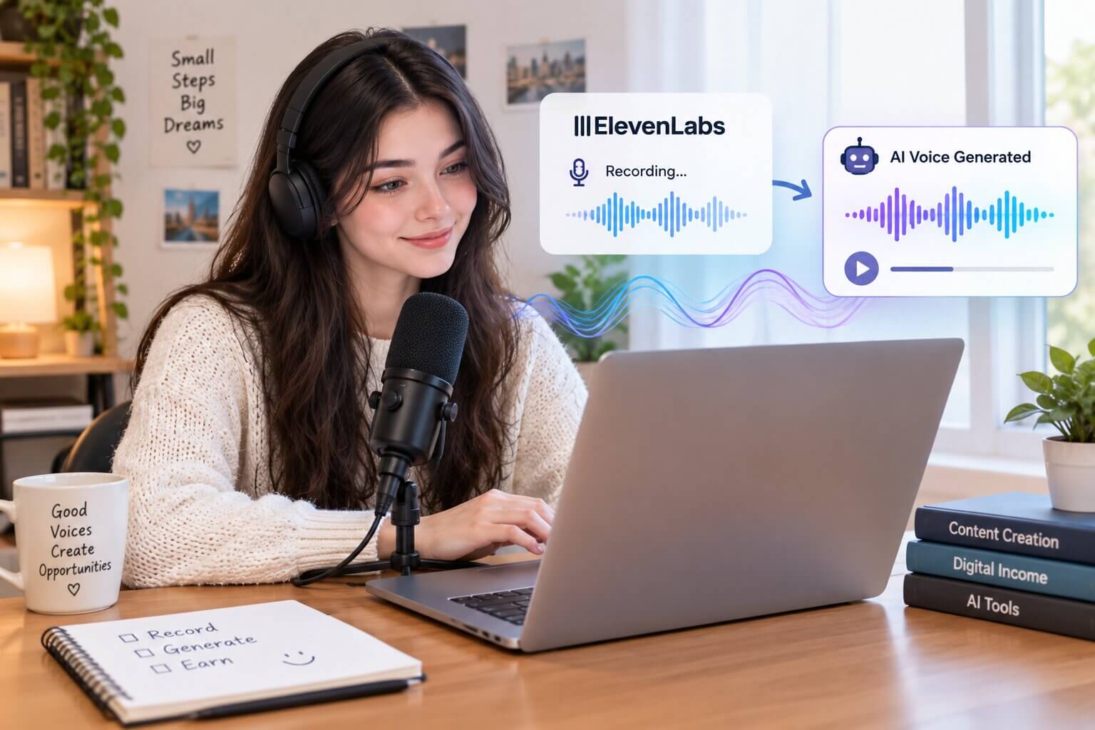 Illustration of a person recording audio at a laptop with sound waves representing an AI-generated voice