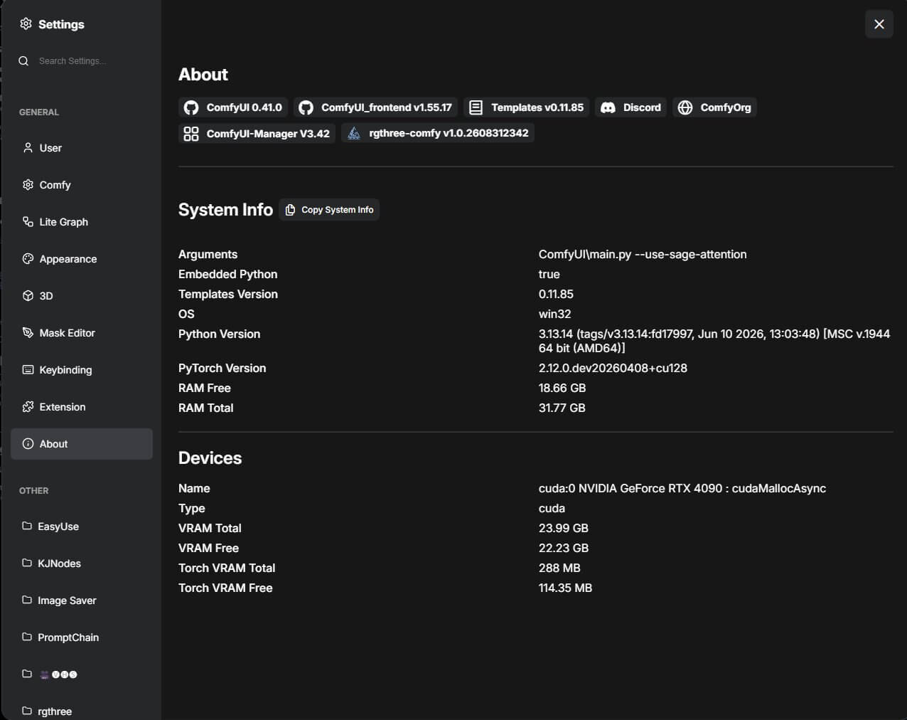 ComfyUI Settings About page showing the version number
