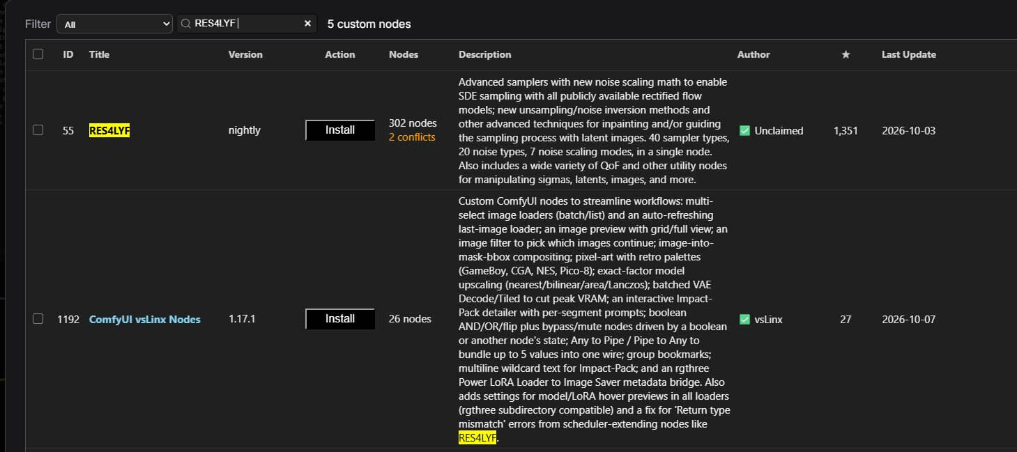 ComfyUI Custom Nodes Manager with RES4LYF typed in the search box