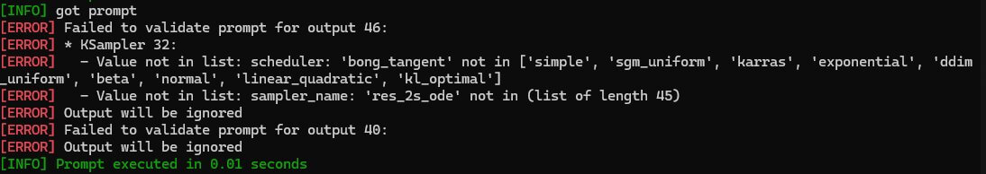 ComfyUI error: Value not in list for sampler_name res_2s_ode and scheduler bong_tangent