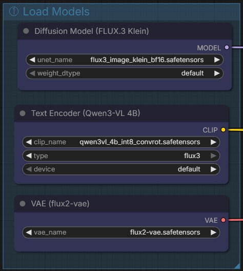 FLUX.3 Klein loader nodes with the model file dropdown open