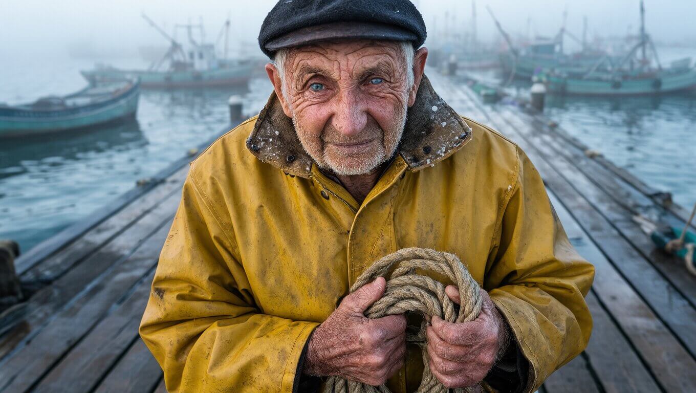 FLUX.3 Klein sample: photorealistic portrait of an elderly fisherman on a foggy harbor dock