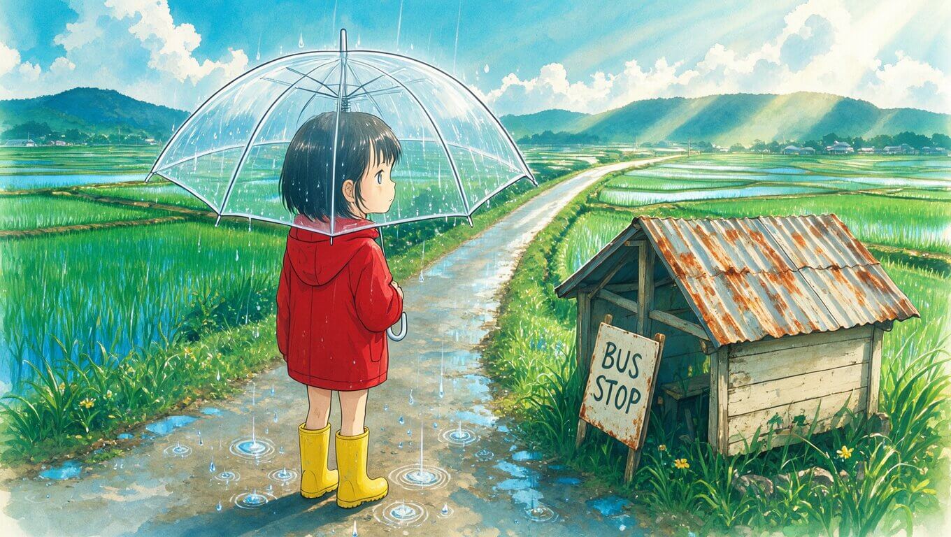FLUX.3 Klein sample: hand-painted anime scene of a girl in a red raincoat at a rural bus stop