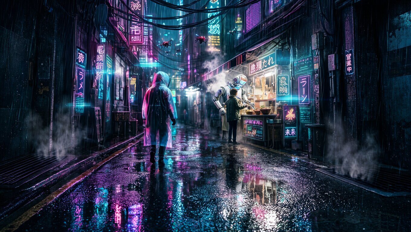 FLUX.3 Klein sample: rain-soaked neon cyberpunk alley with a noodle stall