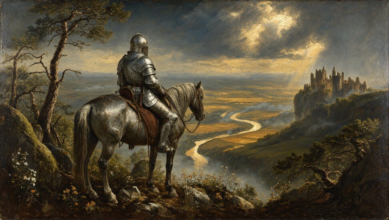 FLUX.3 Klein sample: Romantic oil painting of a lone knight on a ridge above a misty valley