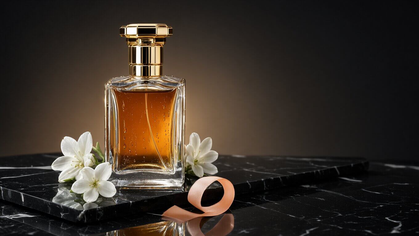 FLUX.3 Klein sample: luxury perfume bottle on black marble with jasmine flowers