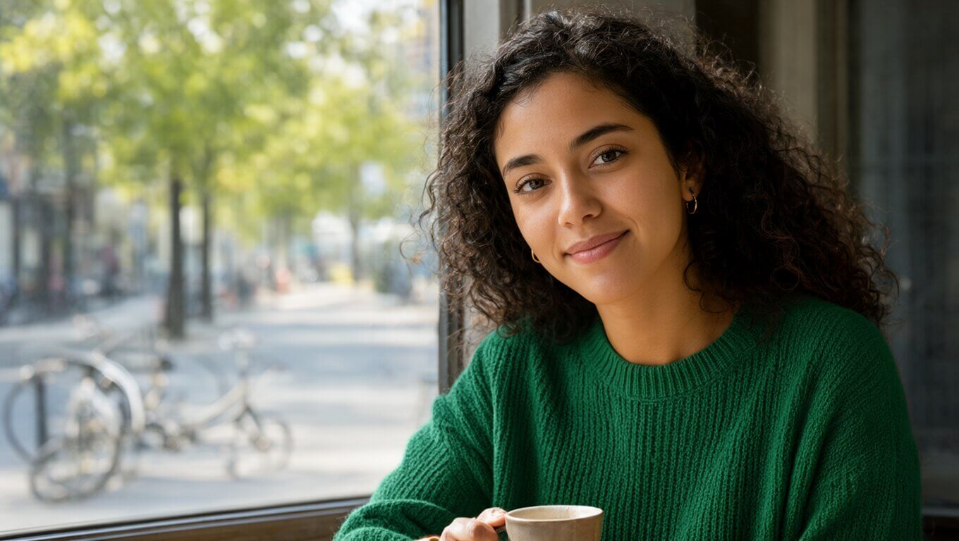 Edited photo with the sweater changed to deep emerald green