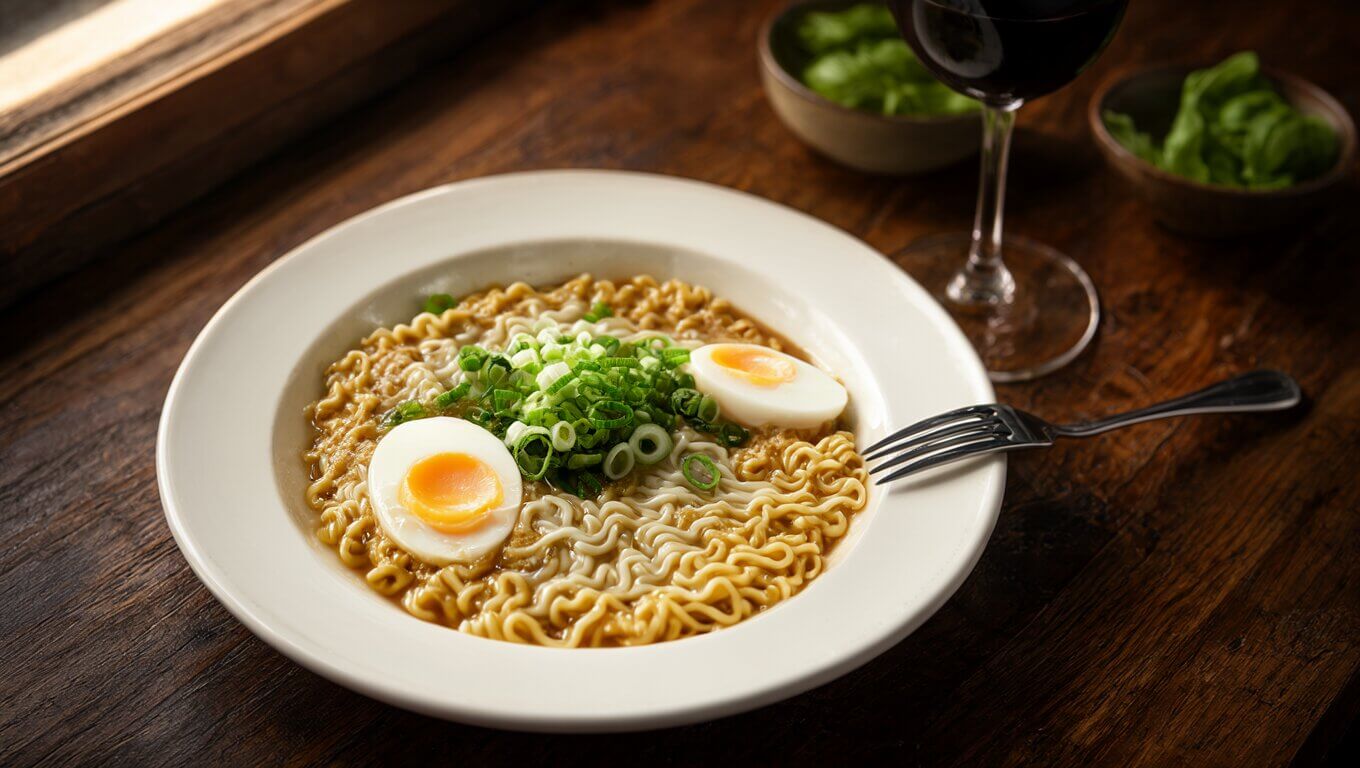 Edited photo with the spaghetti replaced by a bowl of ramen with a soft-boiled egg and green onions