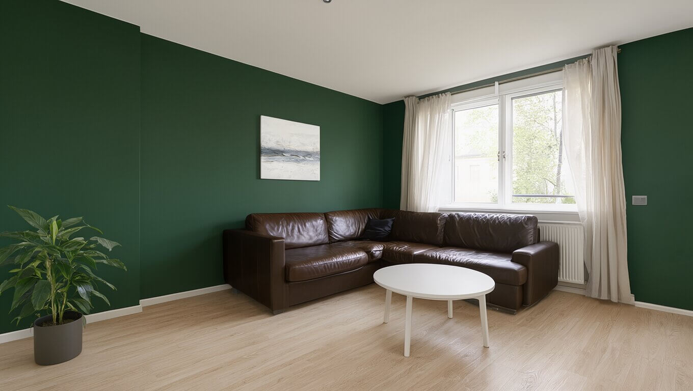 Edited photo with a dark brown leather sofa and deep forest green walls