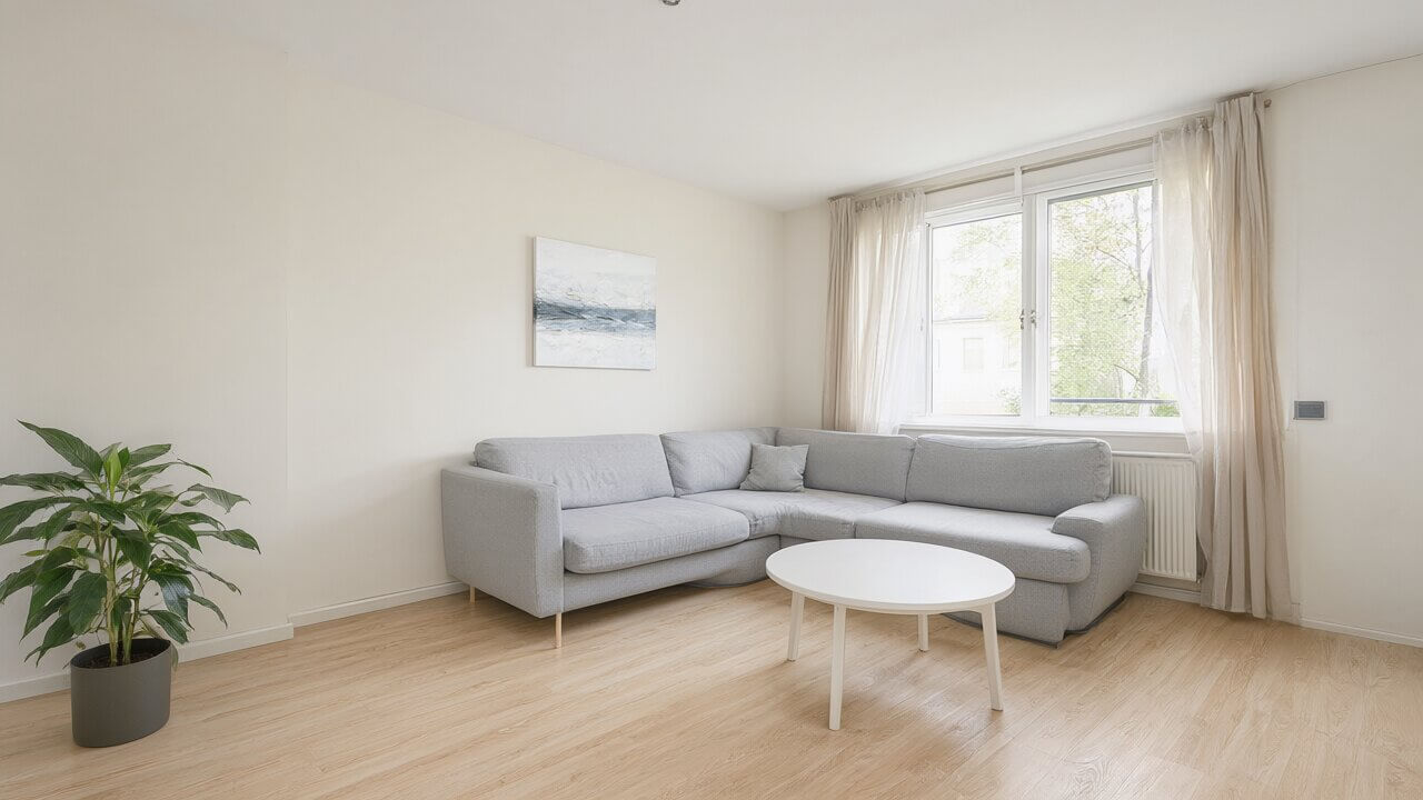 Original photo of a living room with a sofa and light walls