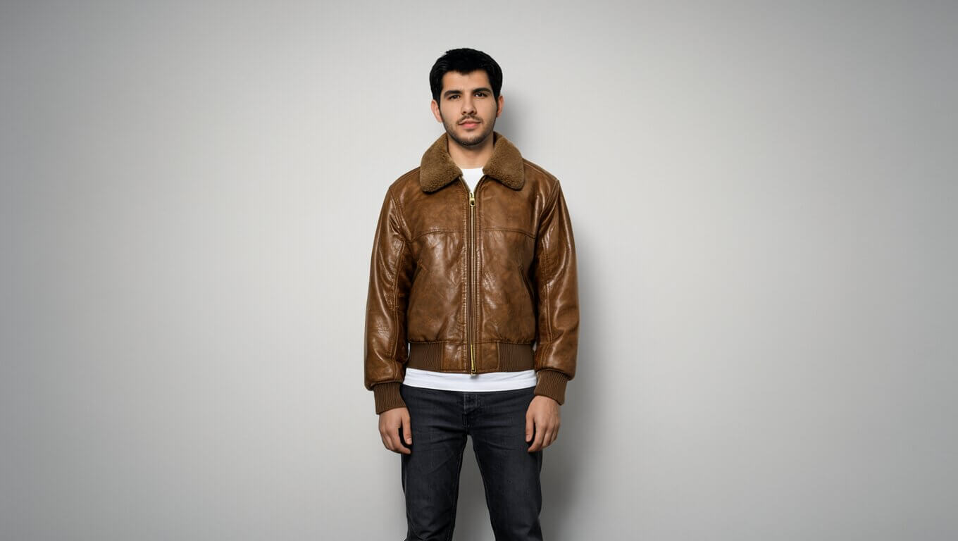 Edited photo of the man wearing the jacket with the same face, pose, and studio background