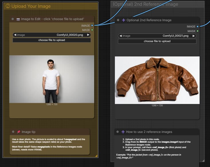 Result of a two-reference edit combining a jacket from one photo with a person from another