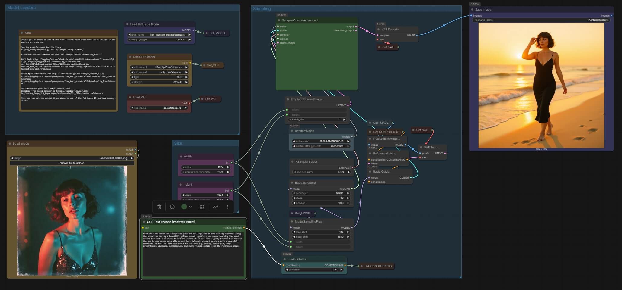 Flux Kontext character consistency workflow loaded on the ComfyUI canvas — model loaders, image loader, and sampling groups visible