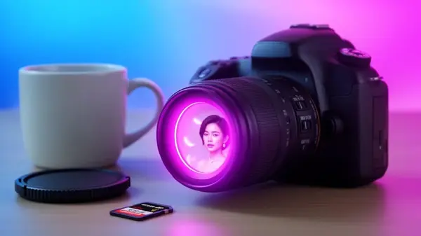FLUX.2 ComfyUI multi-reference final output — camera product shot with neon glow, girl reflected in lens, coffee cup, all elements blended from multiple reference images
