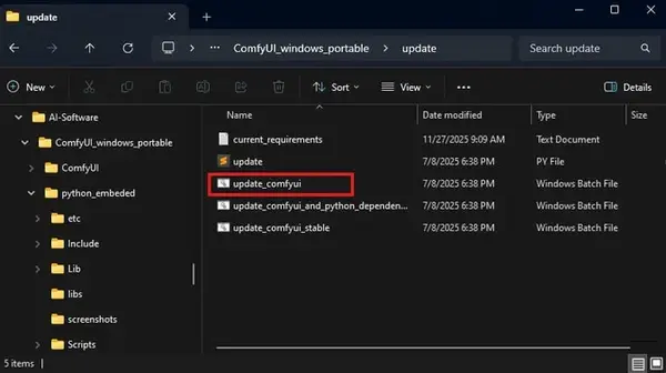 ComfyUI update folder — running the update_comfyui script to update ComfyUI to the latest version before installing FLUX.2