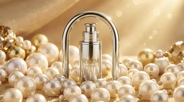 Flux.2 Klein 9B output — luxury skincare product poster with chrome bottle and pearl background