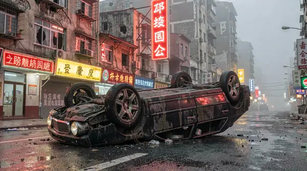 Flux.2 Klein 9B output — cinematic cyberpunk scene, abandoned car on wet asphalt road with red neon sign