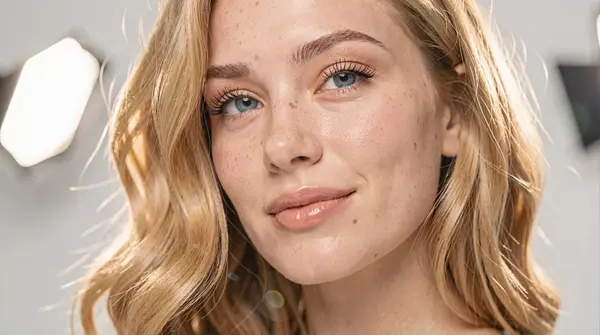 Flux.2 Klein 9B output — hyper-realistic low-angle close-up portrait of a fair-skinned blonde woman with soft studio lighting