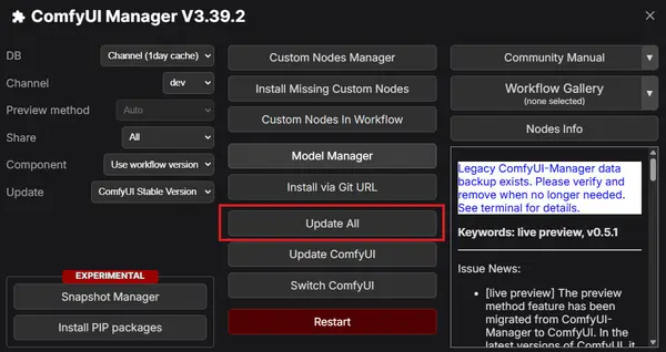 ComfyUI Manager interface showing the Update All button to update all custom nodes