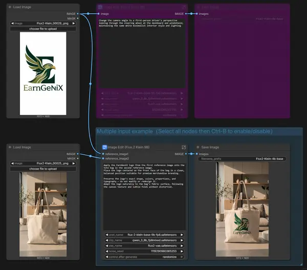ComfyUI multi-reference Flux.2 Klein workflow showing multiple image input nodes and an image compare node