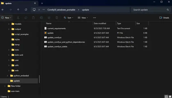 ComfyUI update folder showing the update_comfyui script file